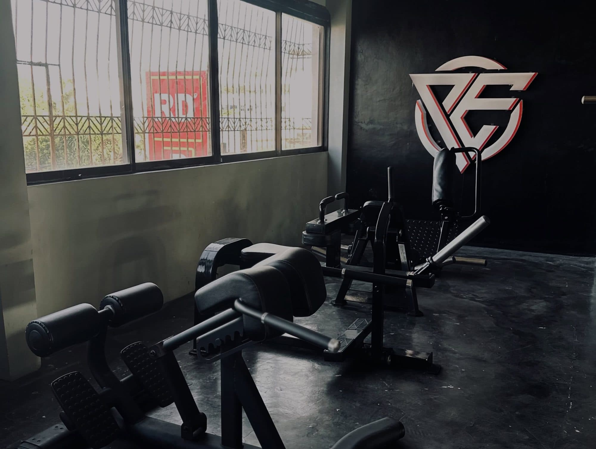 Hip abductor machine under the Project-E wall logo